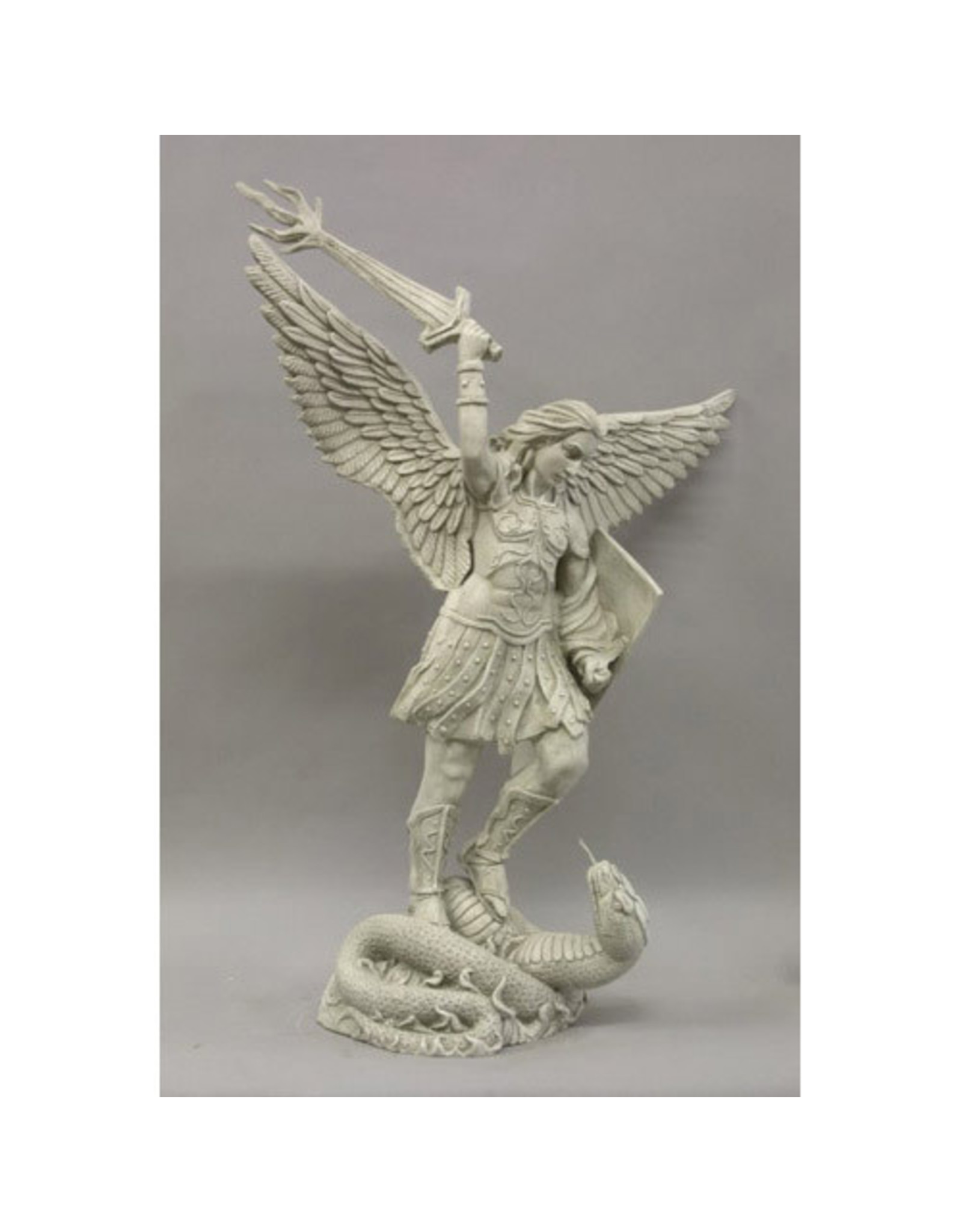Orlandi St. Michael with Sword Fire Outdoor Statue - Fiberglass, Antique Stone Finish (38")