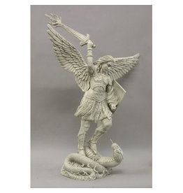 Orlandi St. Michael with Sword Fire Outdoor Statue - Fiberglass, Antique Stone Finish (38")