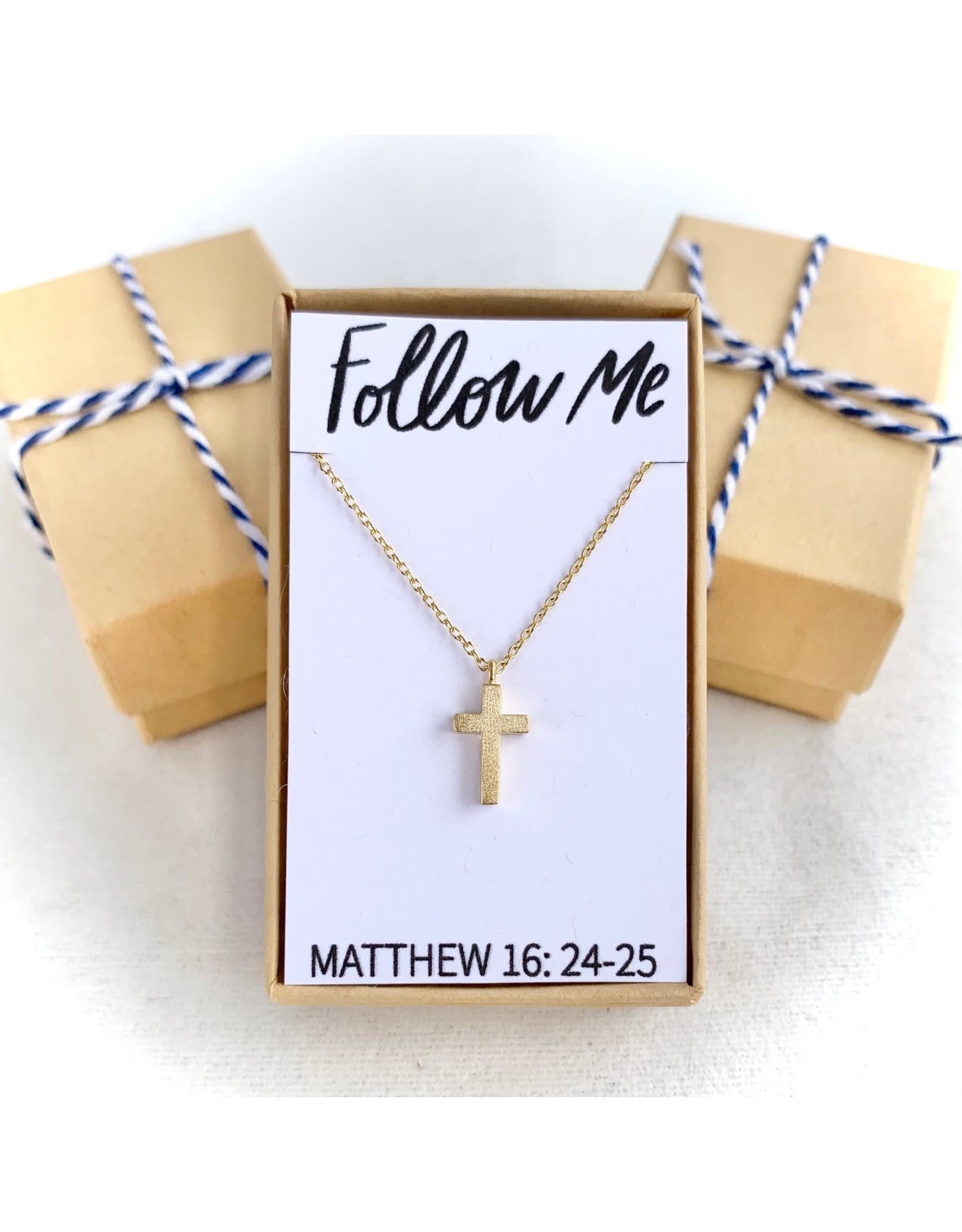 Seeds & Mountains Bible Verse Necklace - Follow Me, Cross (Matthew 16:24-25)