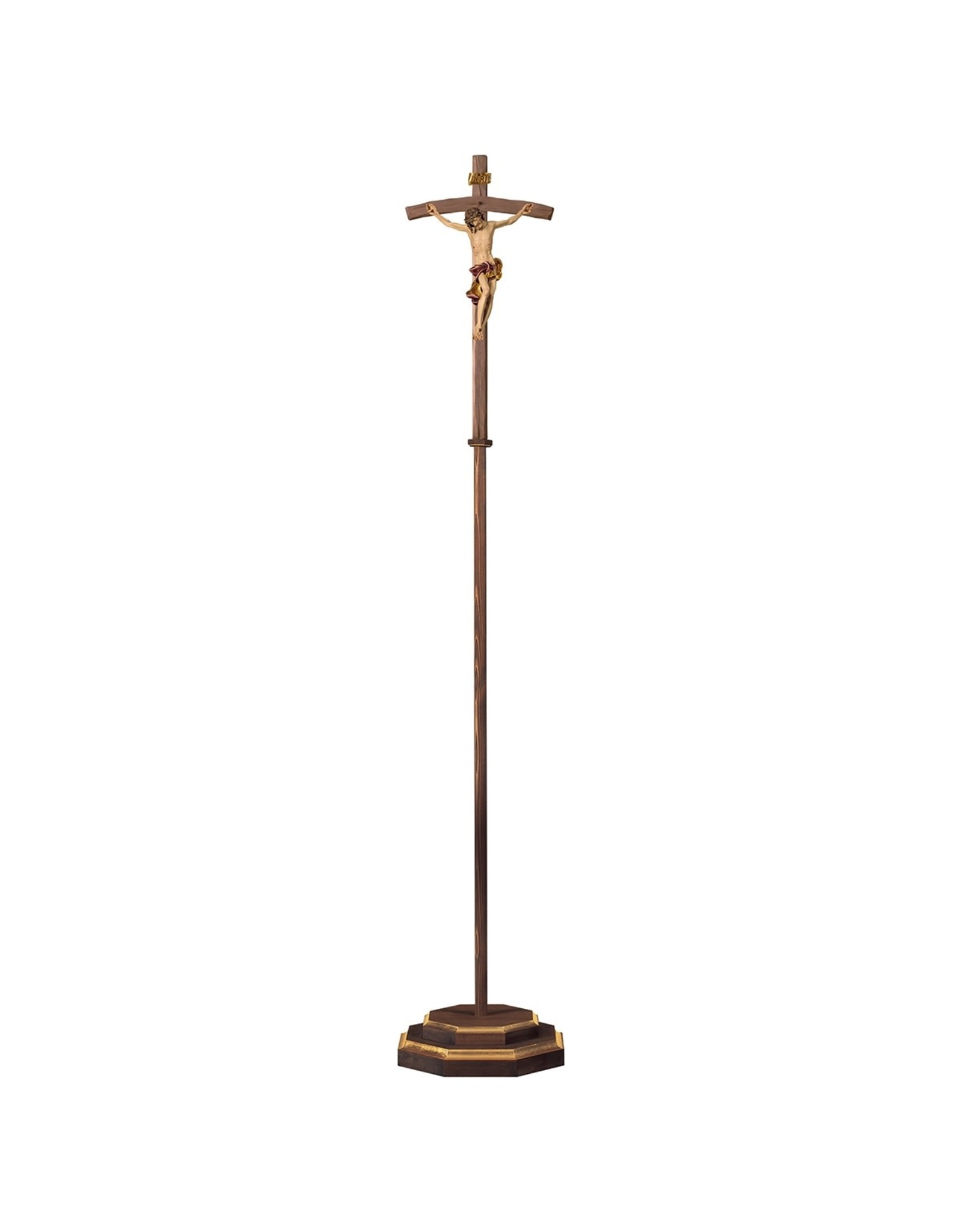 Ulpe Processional Cross - Maple Wood with Baroque Corpus (85") Red Cloth, Bent Cross