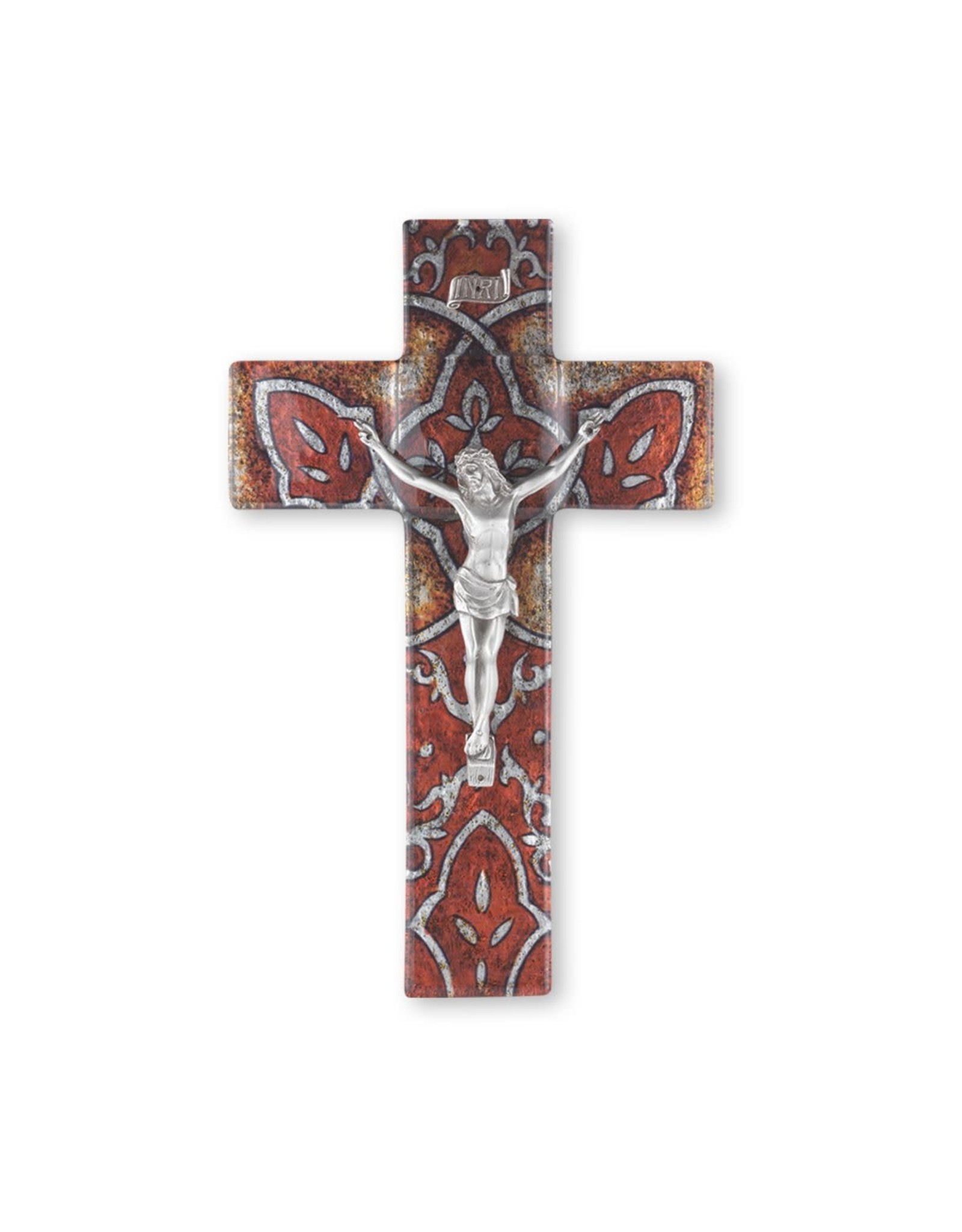 Hirten 10" Burnt Orange Glass Cross w/Museum Pewter Corpus