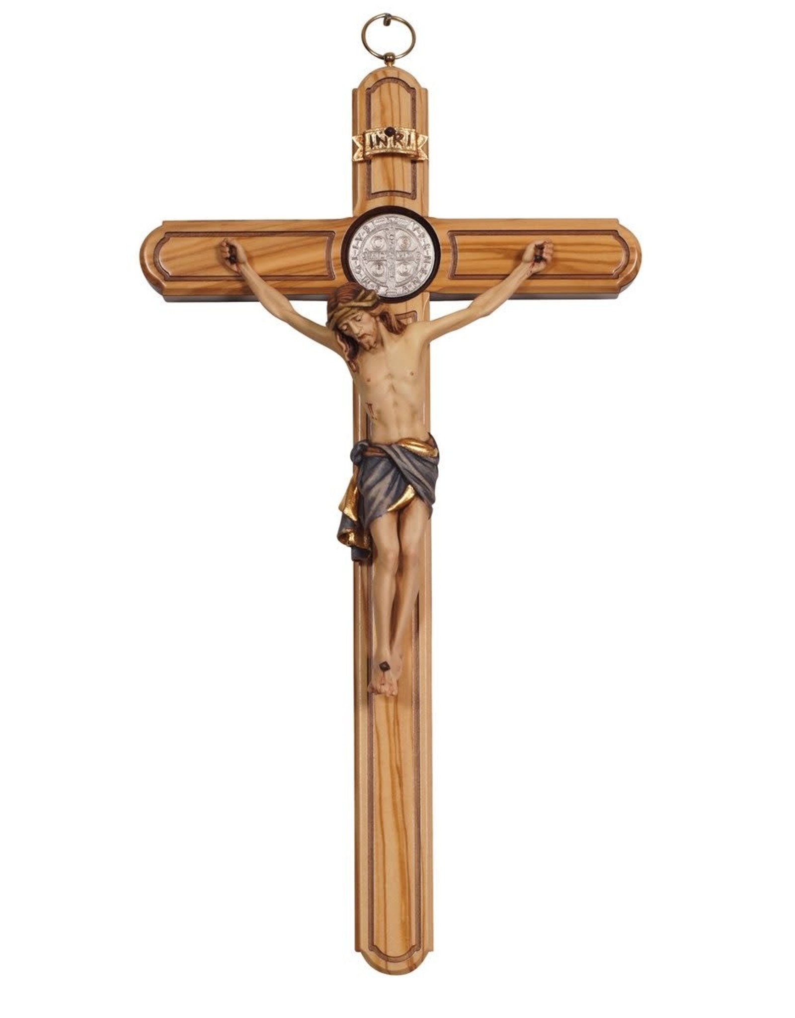 Pema Crucifix - St. Benedict, Corpus Siena, Olive Wood-Carved, Blue Cloth (14")