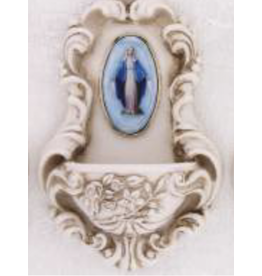 Religious Art Holy Water Font - Our Lady of Grace, Alabaster-Look