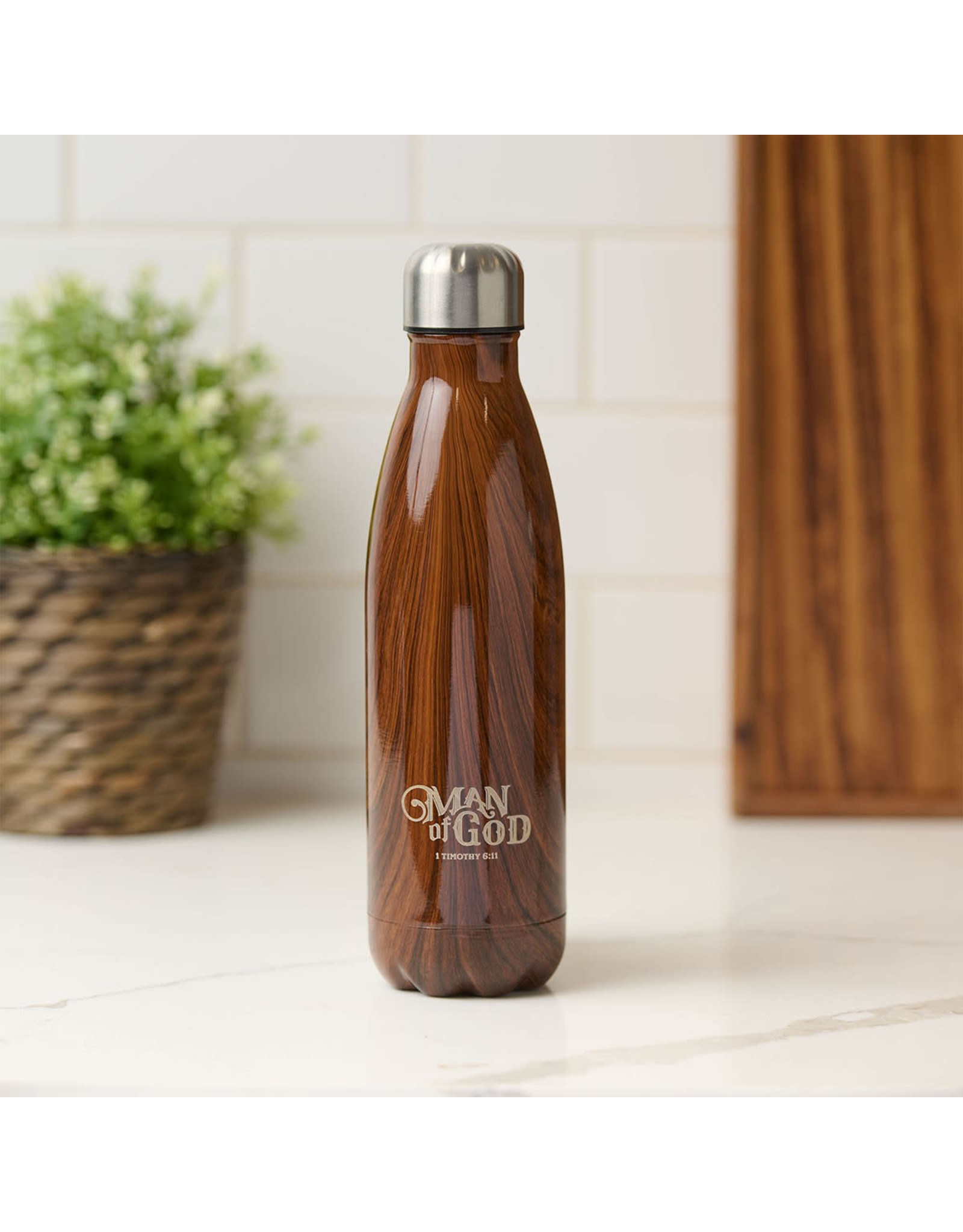 Man of God Wood Design Stainless Steel Water Bottle - 1 Timothy 6:11 -  Reilly's Church Supply & Gift Boutique