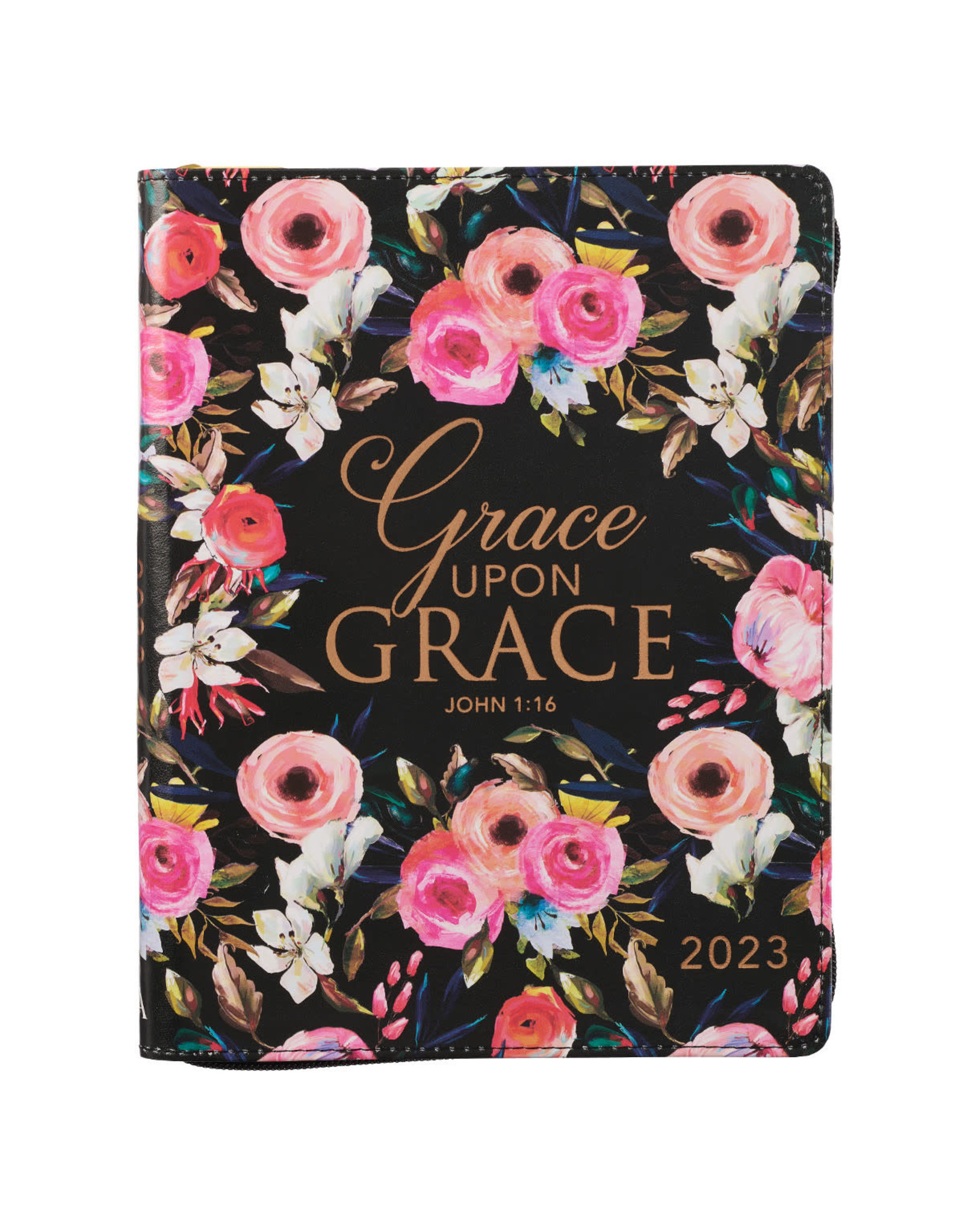 Christian Art Gifts 2023 Planner - Grace Upon Grace, Black with Peonies (John 1:16)