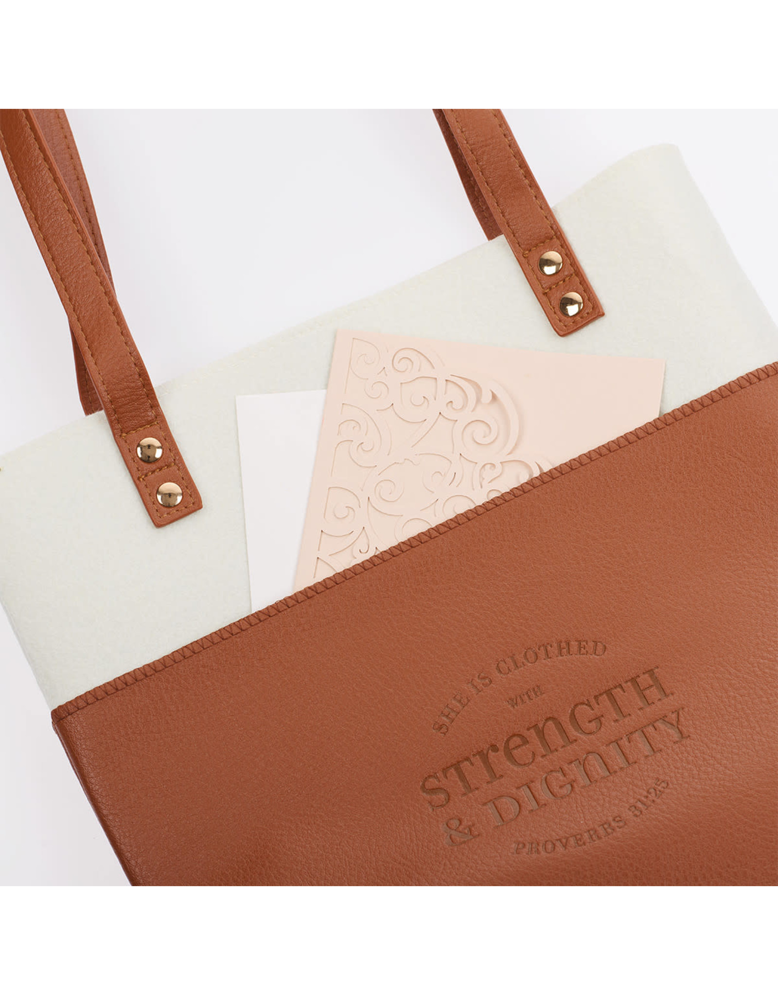Christian Art Gifts Tote Bag Purse - Strength & Dignity, Toffee & Cream  (Proverbs 31:25)