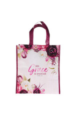 Christian Art Gifts Reusable Shopping Tote Bag - His Grace is Enough, Plum Pink Floral