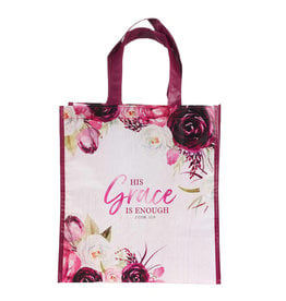 Christian Art Gifts Reusable Shopping Tote Bag - His Grace is Enough, Plum Pink Floral