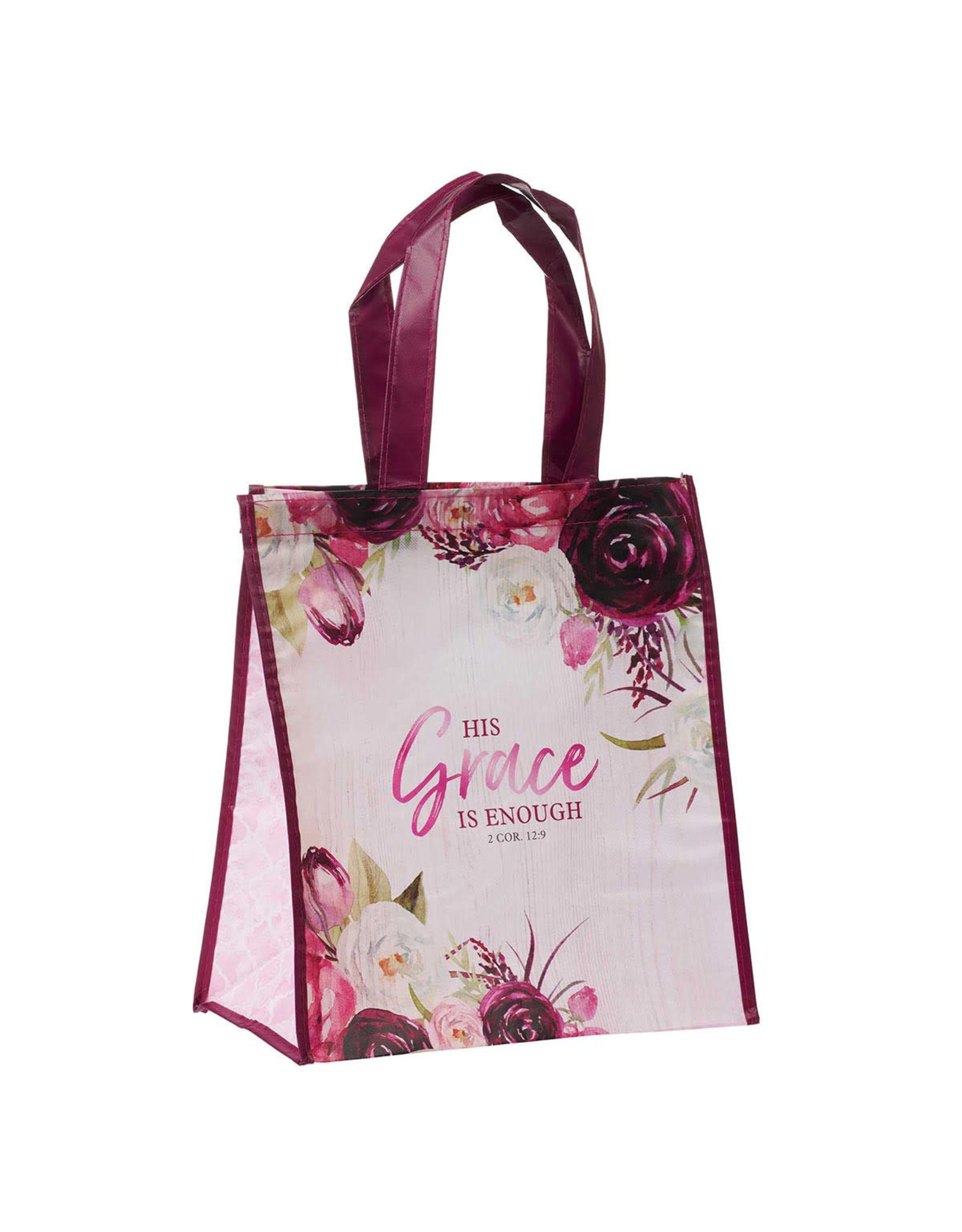 Christian Art Gifts Reusable Shopping Tote Bag - His Grace is Enough, Plum Pink Floral