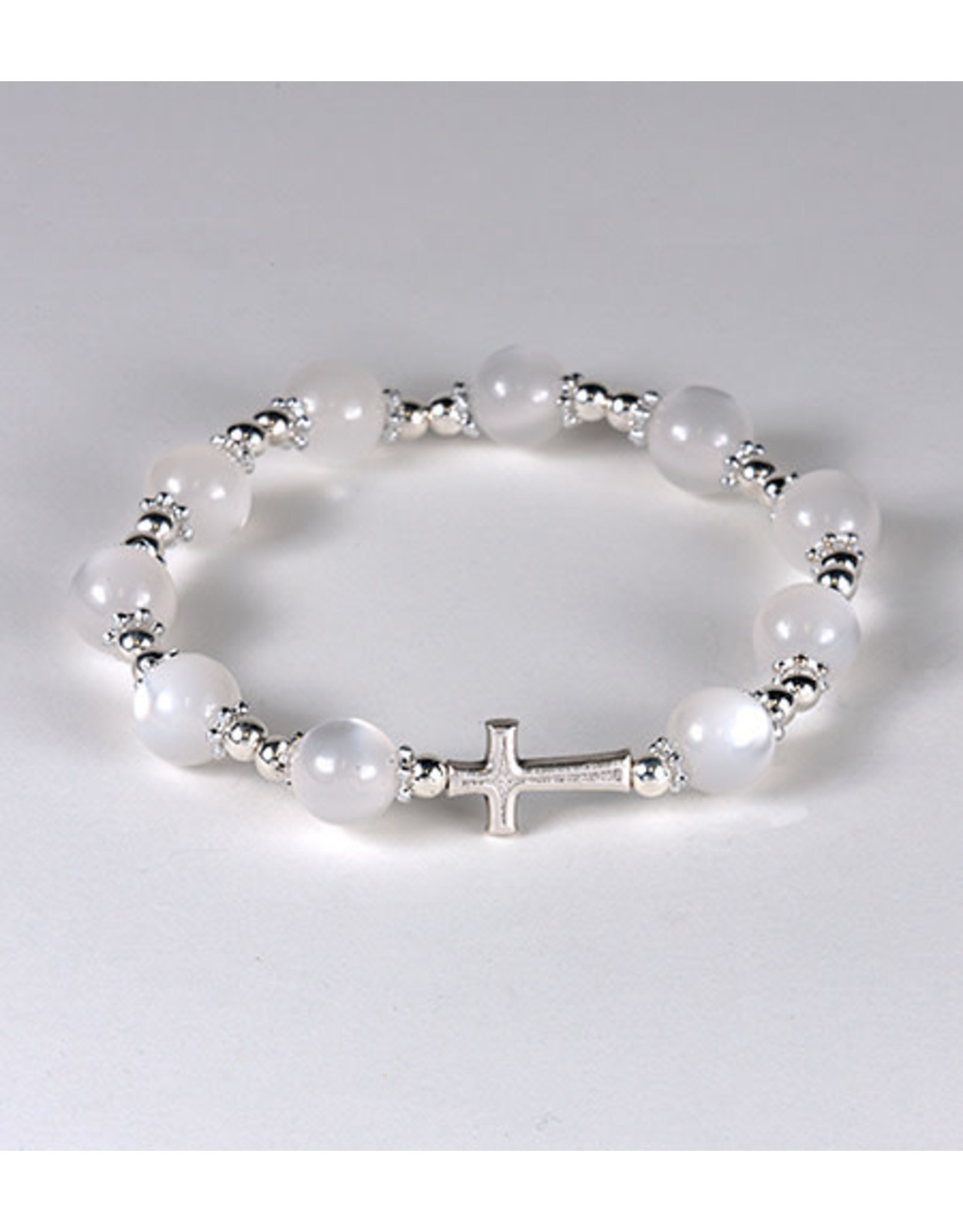 Malhame Regina Rosary Bracelet - Elastic (8mm Cat's Eye, White Beads)