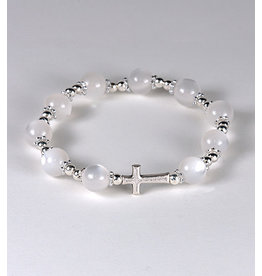 Malhame Regina Rosary Bracelet - Elastic (8mm Cat's Eye, White Beads)