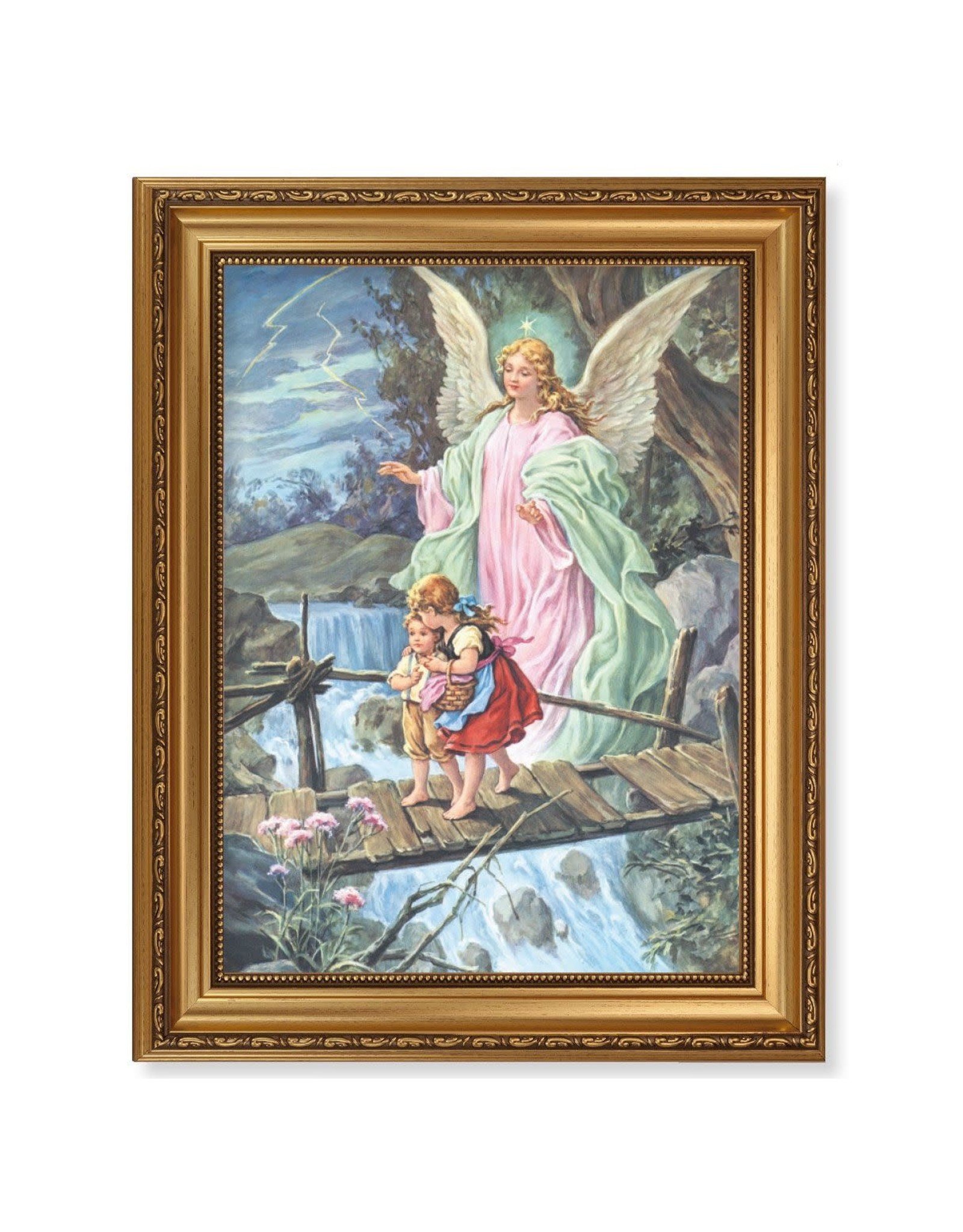 Hirten Picture - Guardian Angel - 15.5x19.5 Antique Gold Leaf Beveled Frame with Bead Inlay