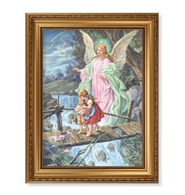 Hirten Picture - Guardian Angel - 15.5x19.5 Antique Gold Leaf Beveled Frame with Bead Inlay