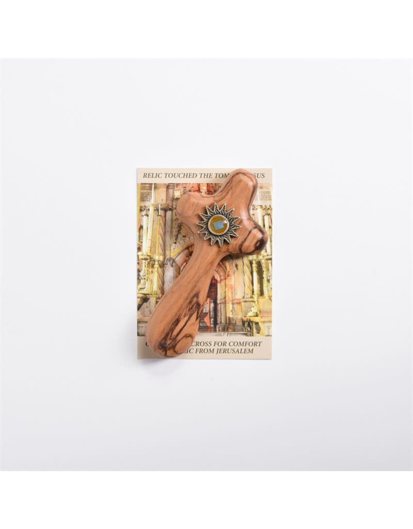 Shomali Olive Wood Comfort Cross w/Relic from Holy Land (4")