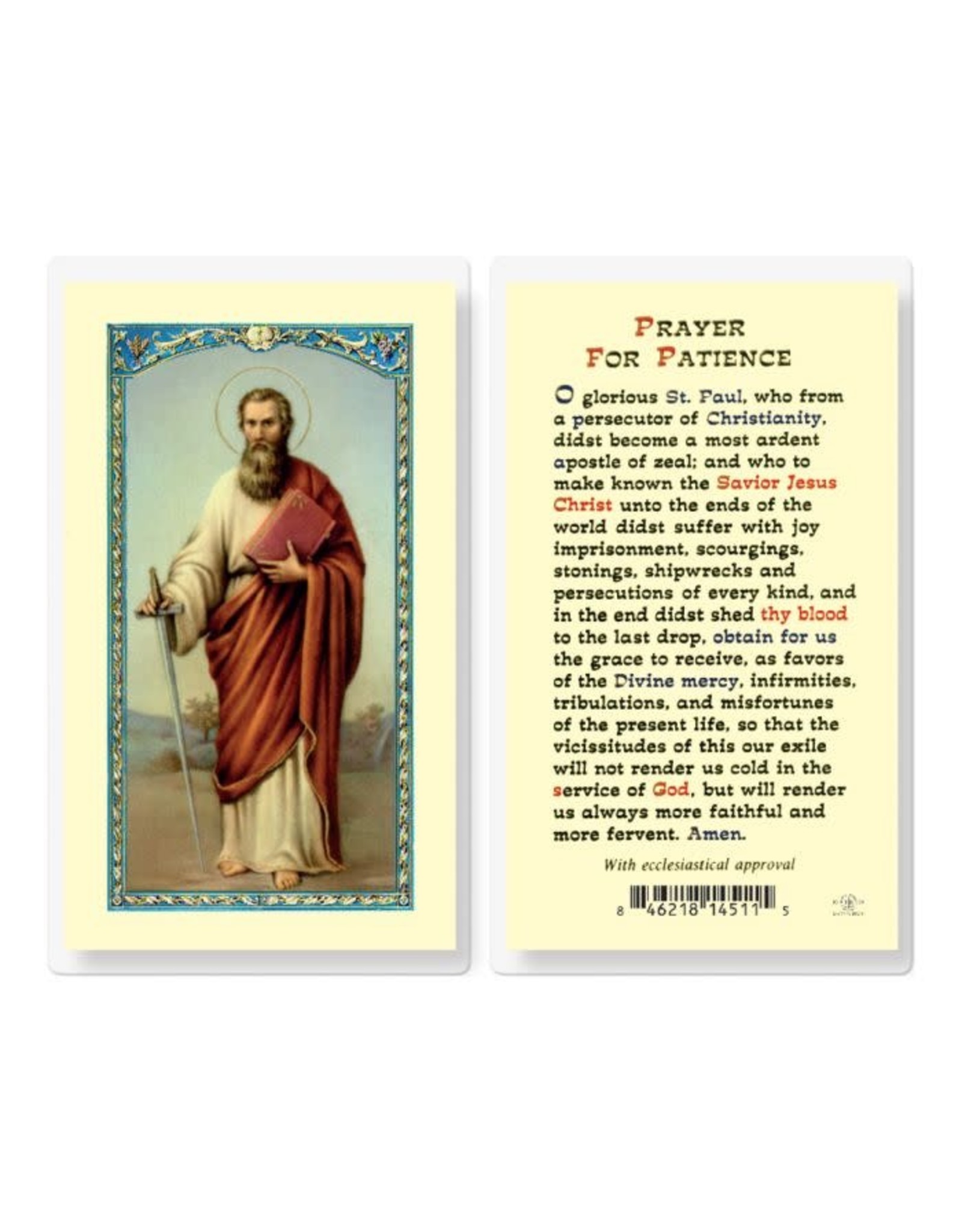 Hirten Holy Card, Laminated - Prayer for Patience (St. Paul)