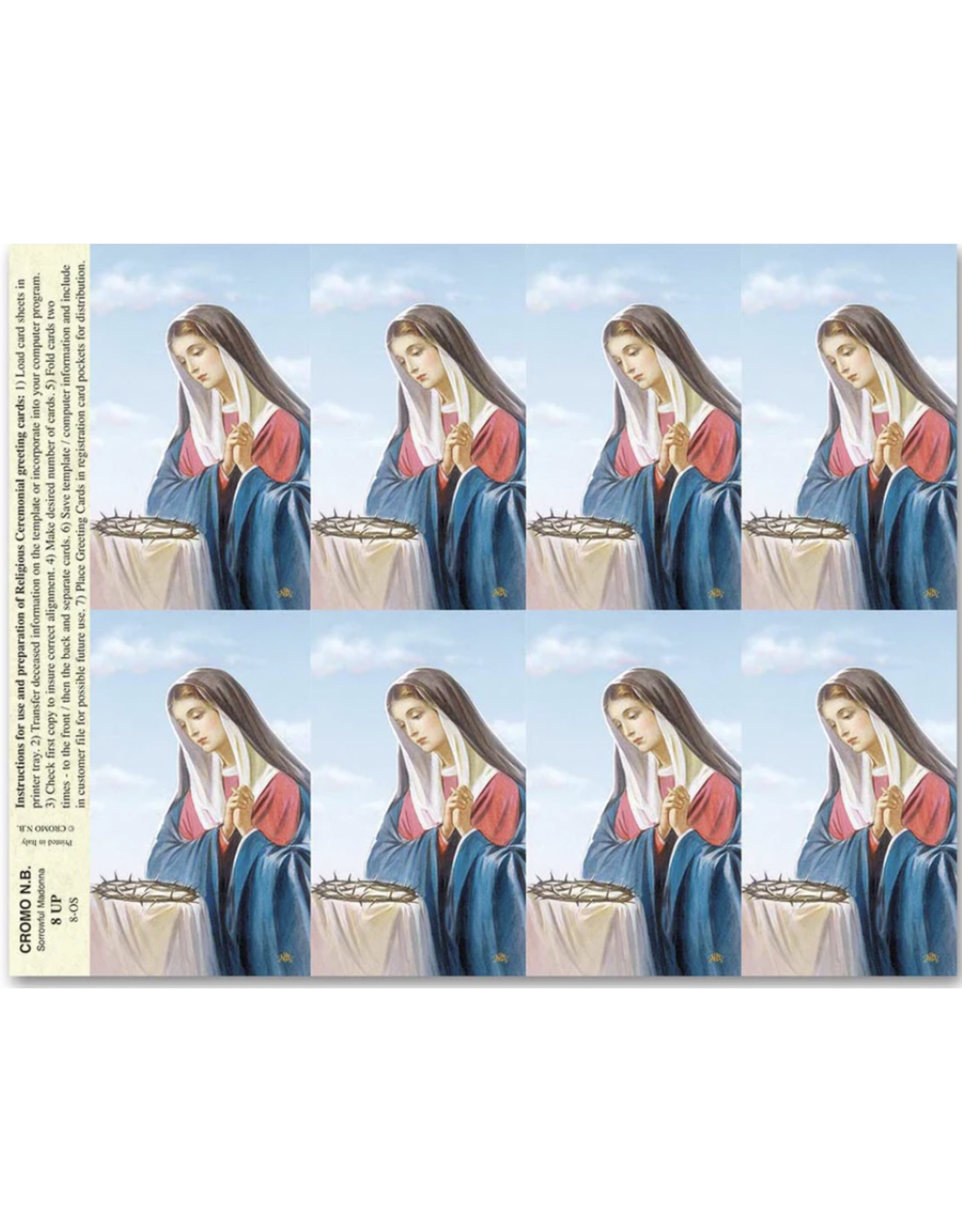 San Francis Holy Cards - Laser - Sorrowful Madonna (Sheet of 8)