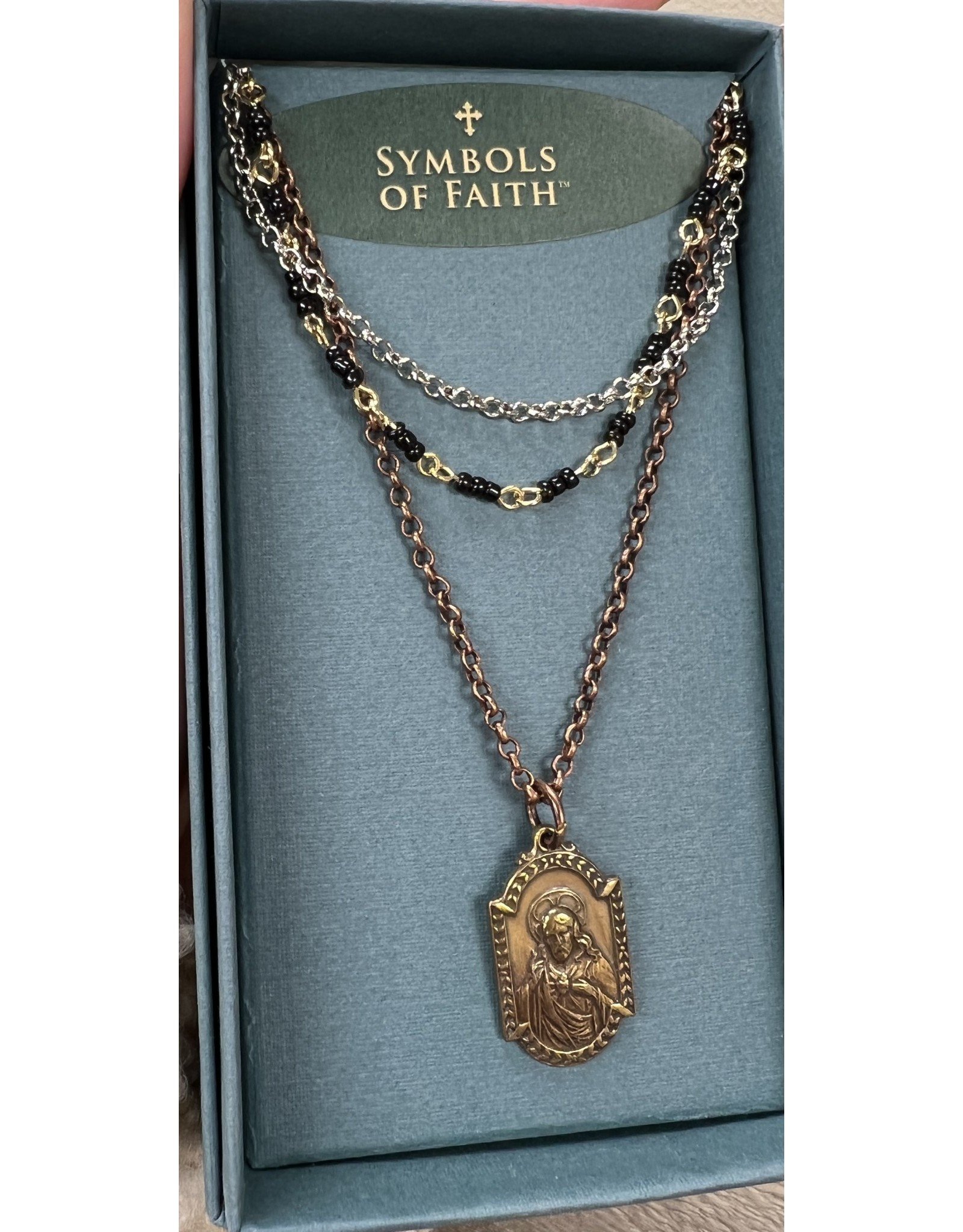 Symbols of Faith Necklace, Multi Layered - Sacred Heart of Jesus/Our Lady of Mt. Carmel