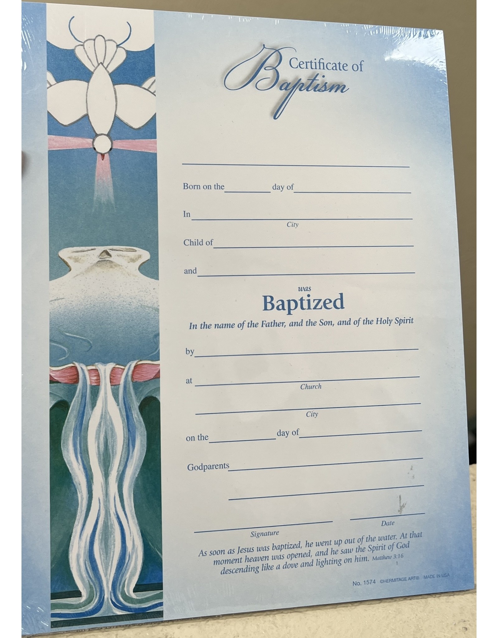 Hirten Certificates - Baptism (25) Dove/Water