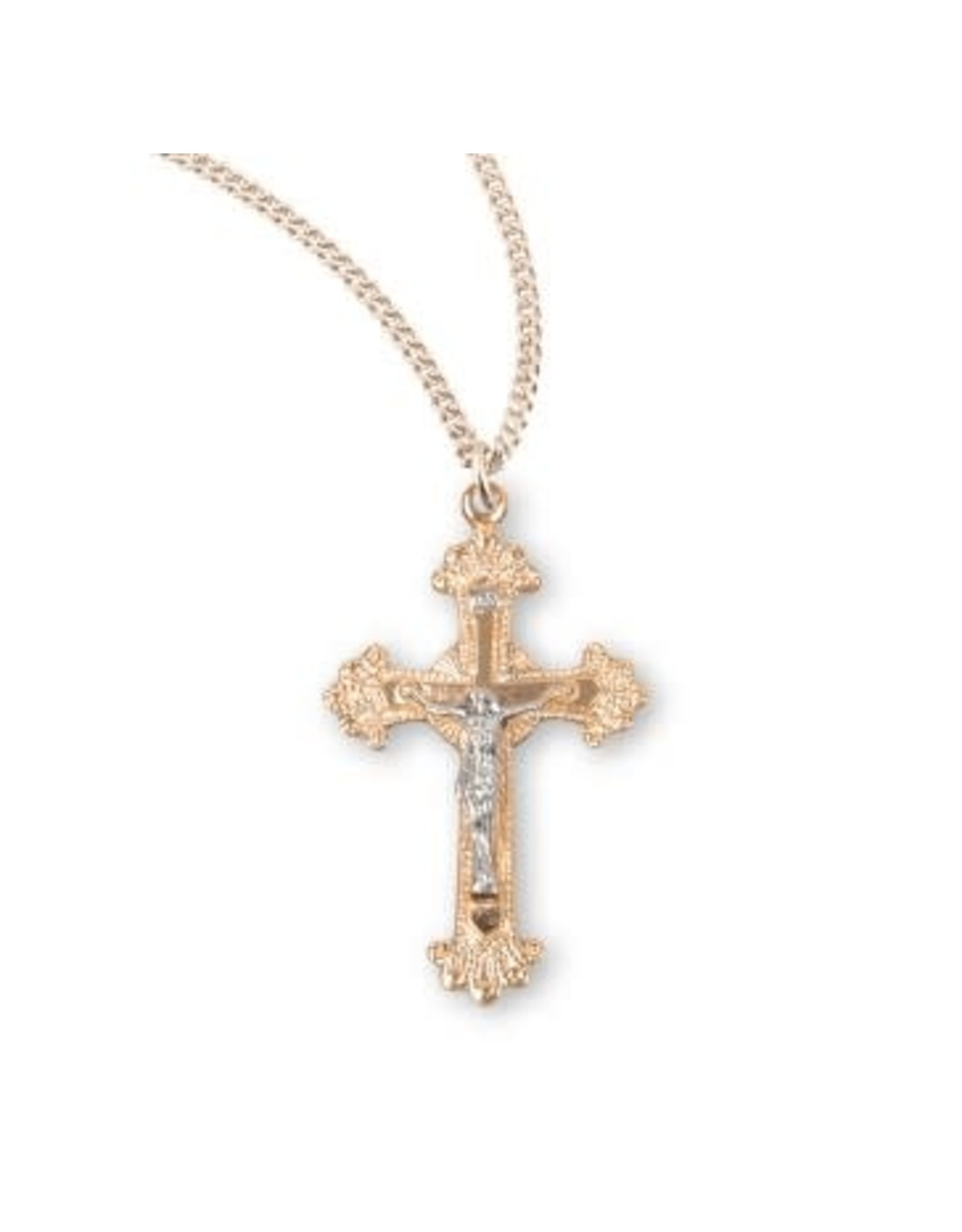 HMH Crucifix Medal - Fancy Engraved, Two-Tone Gold/Sterling Silver, 18" Chain