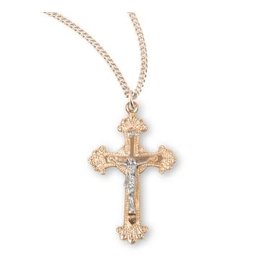 HMH Crucifix Medal, Fancy Engraved - Two-Tone Gold/Sterling Silver on 18" Chain