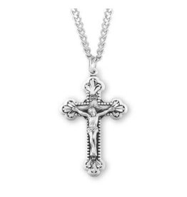 HMH Crucifix Medal, Baroque Leaf Design - Sterling Silver on 24" Chain