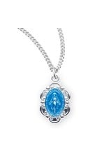 HMH Miraculous Medal - Small Blue Enameled Oval Fancy Edge, Sterling Silver, 13" Chain
