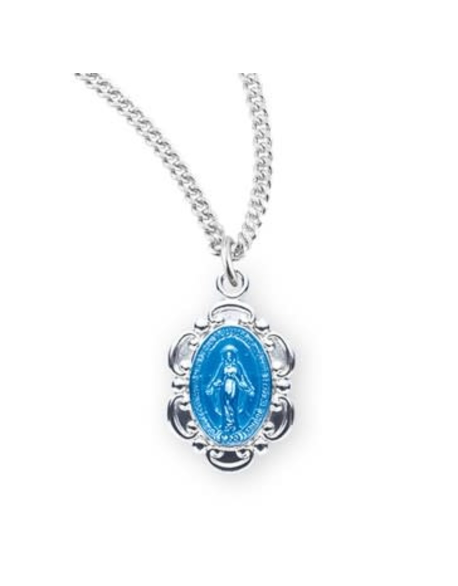HMH Miraculous Medal - Small Blue Enameled Oval Fancy Edge, Sterling Silver, 13" Chain