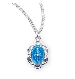 HMH Miraculous Medal - Small Blue Enameled Oval Fancy Edge, Sterling Silver, 13" Chain