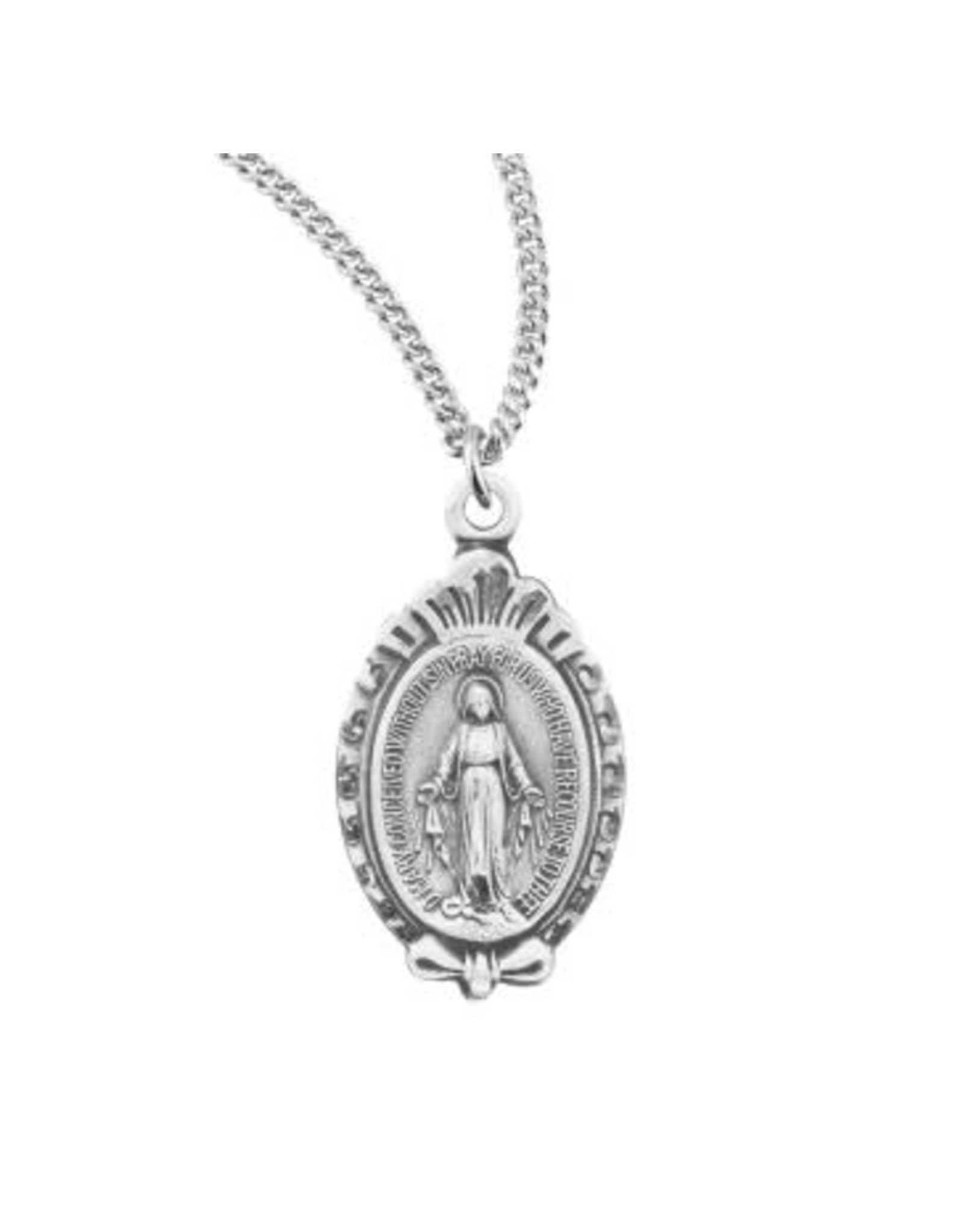 HMH Miraculous Medal, Scroll Border, Sterling Silver, 18" Chain