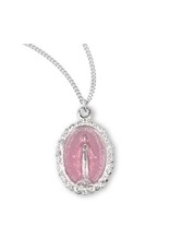 HMH Miraculous Medal - Small Oval Pink Enameled, Sterling Silver, 13" Chain