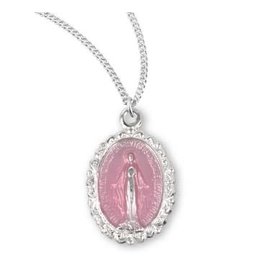 HMH Miraculous Medal - Small Oval Pink Enameled, Sterling Silver, 13" Chain