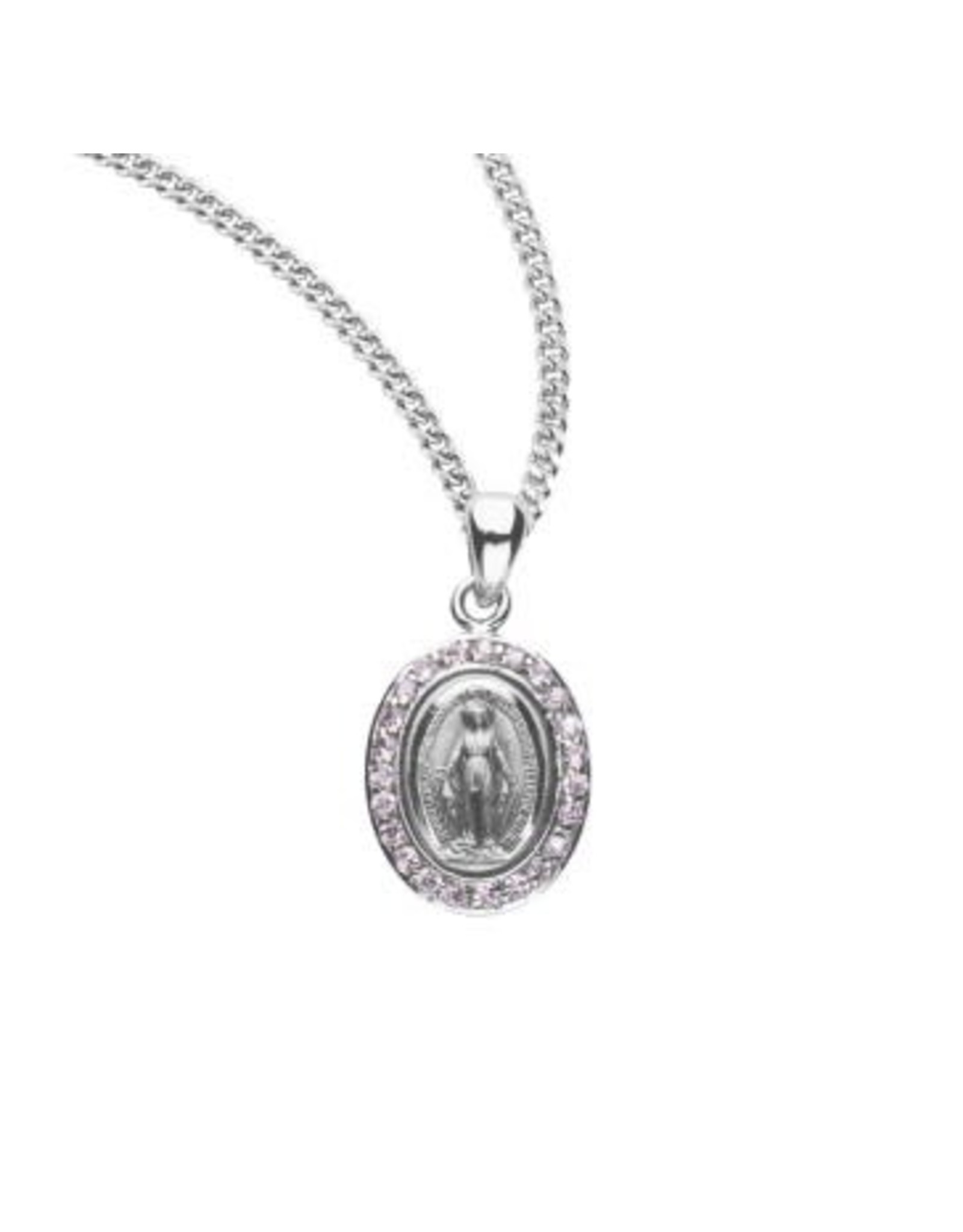 Miraculous Medal, Pink Cubic Zirconia Sterling Silver on 18" Chain