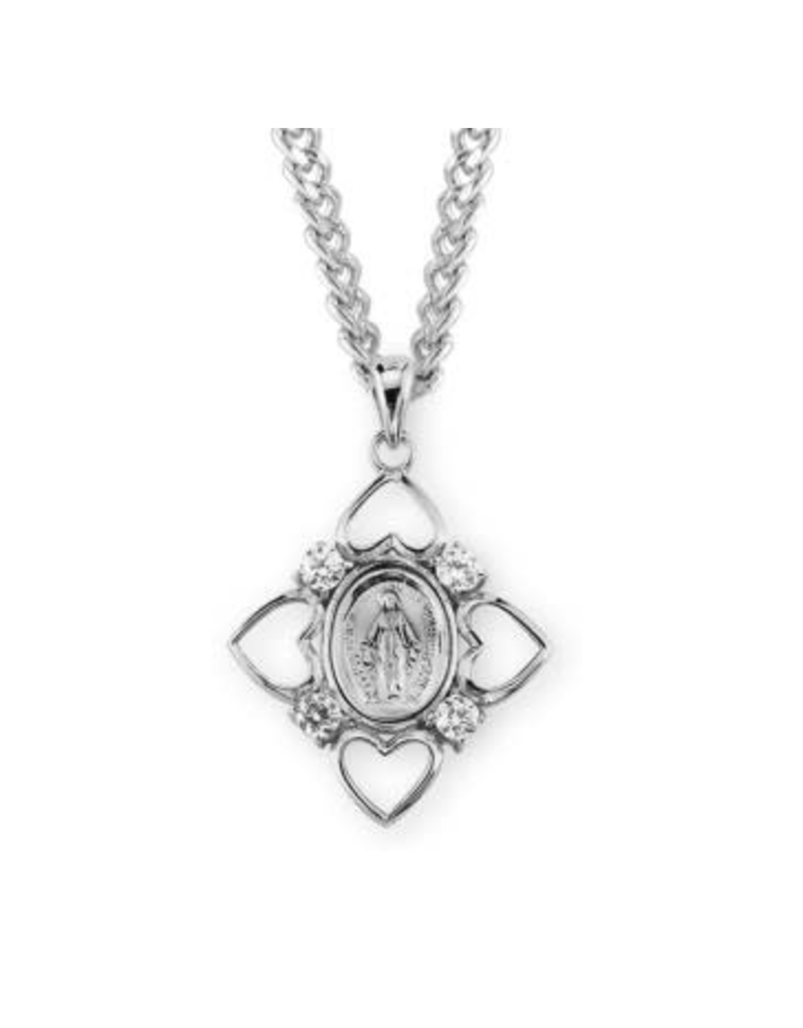 Miraculous Medal, Crystal Cubic Zirconia Sterling Silver on 24" Chain