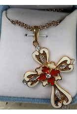 HMH Cross Medal, Flower with Red Enamel - Rose Gold over Sterling Silver on 24" Chain