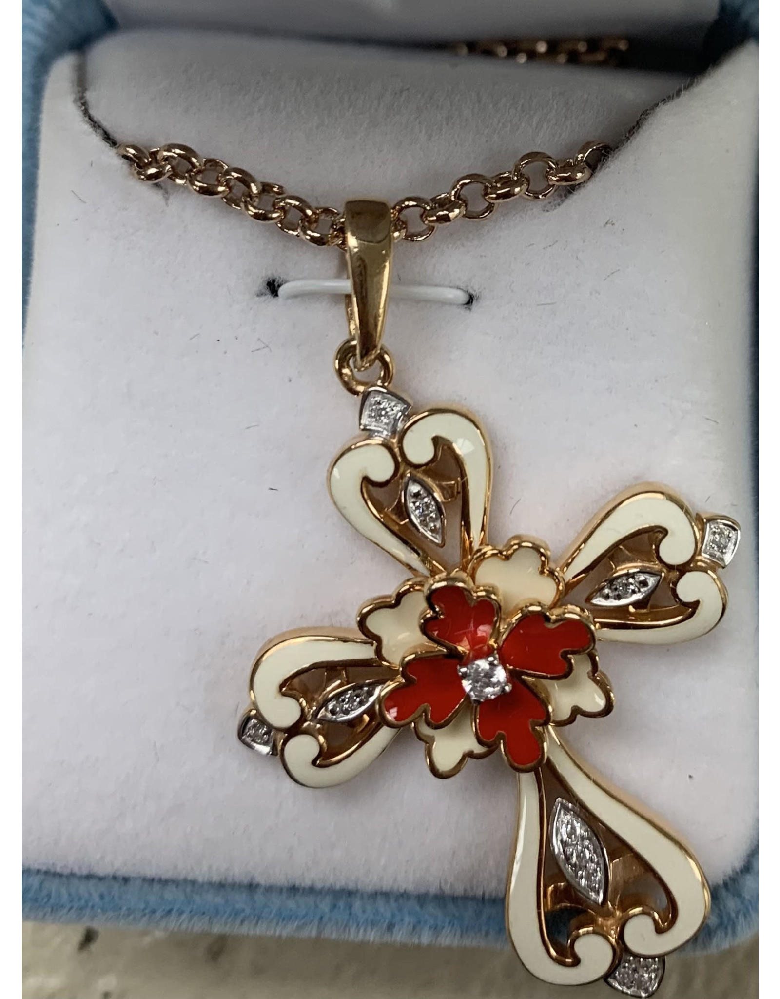 HMH Cross Medal, Flower with Red Enamel - Rose Gold over Sterling Silver on 24" Chain