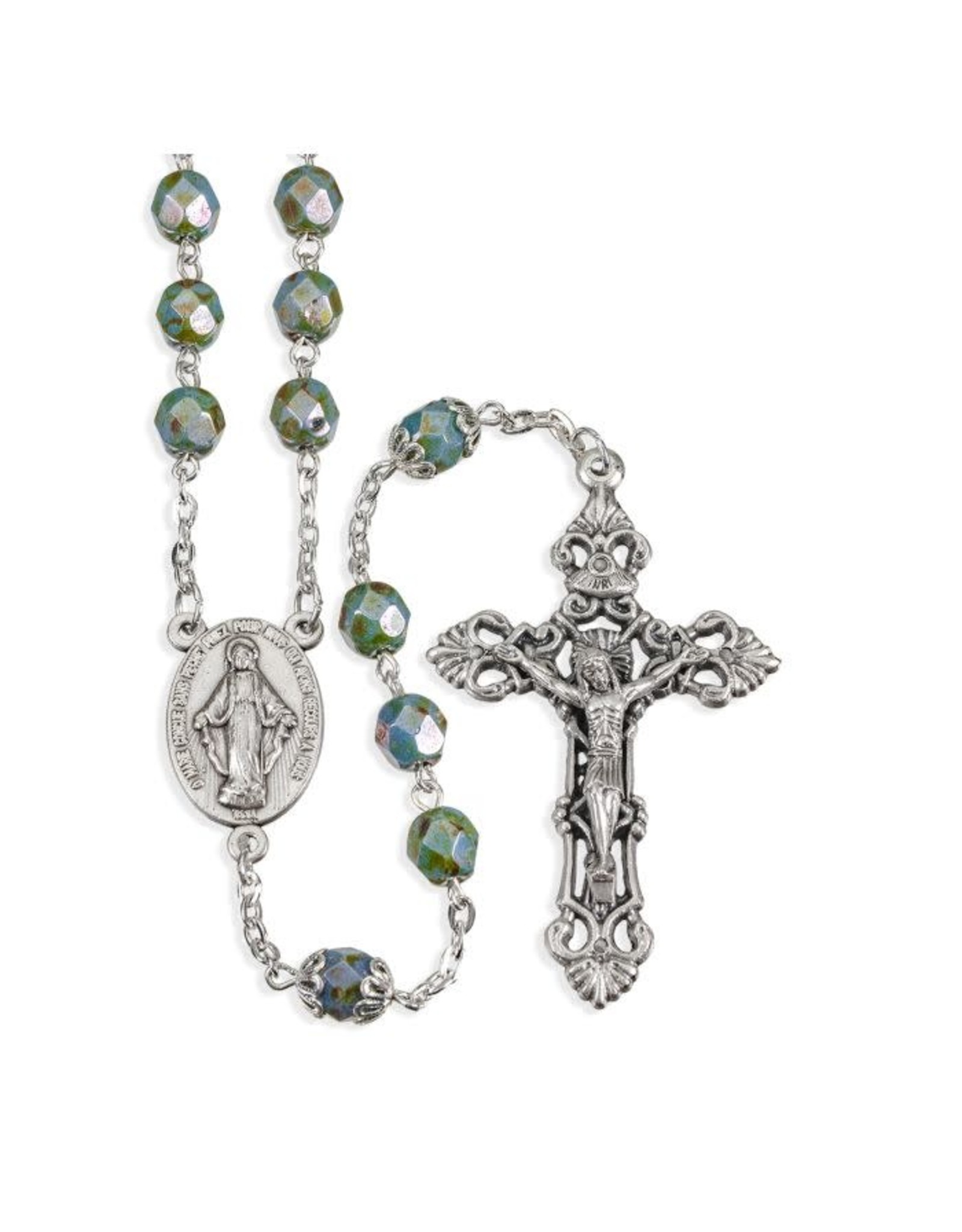 Hirten Rosary - Teal Glass Beads with Alabaster Luster