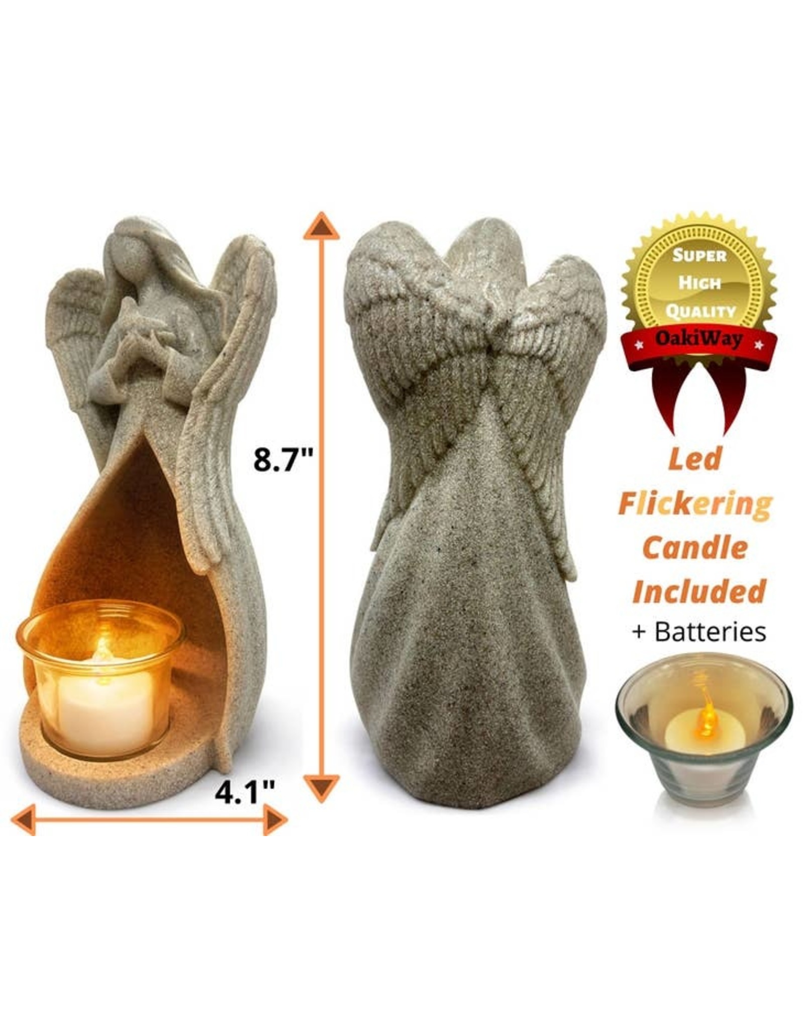 OakiWay Statue/LED Tealight Candle Holder - Angel with Dove, In Memory of Loved One