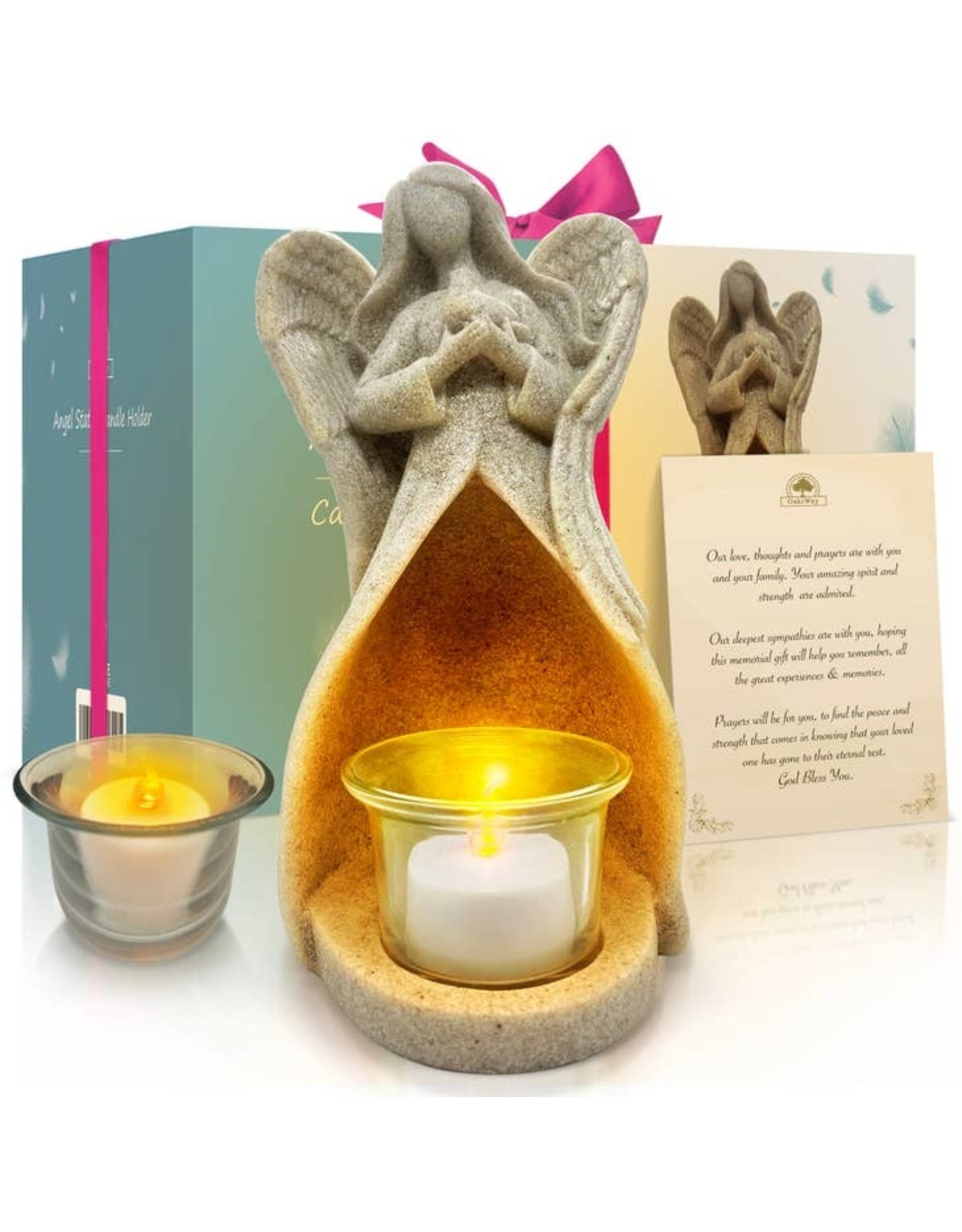OakiWay Statue/LED Tealight Candle Holder - Angel with Dove, In Memory of Loved One