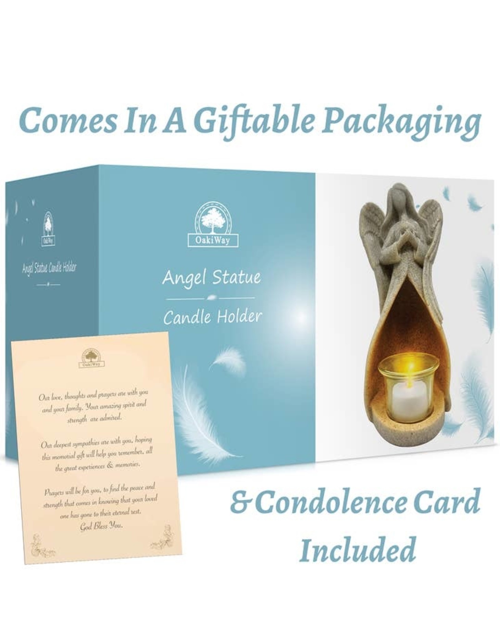 OakiWay Statue/LED Tealight Candle Holder - Angel with Dove, In Memory of Loved One