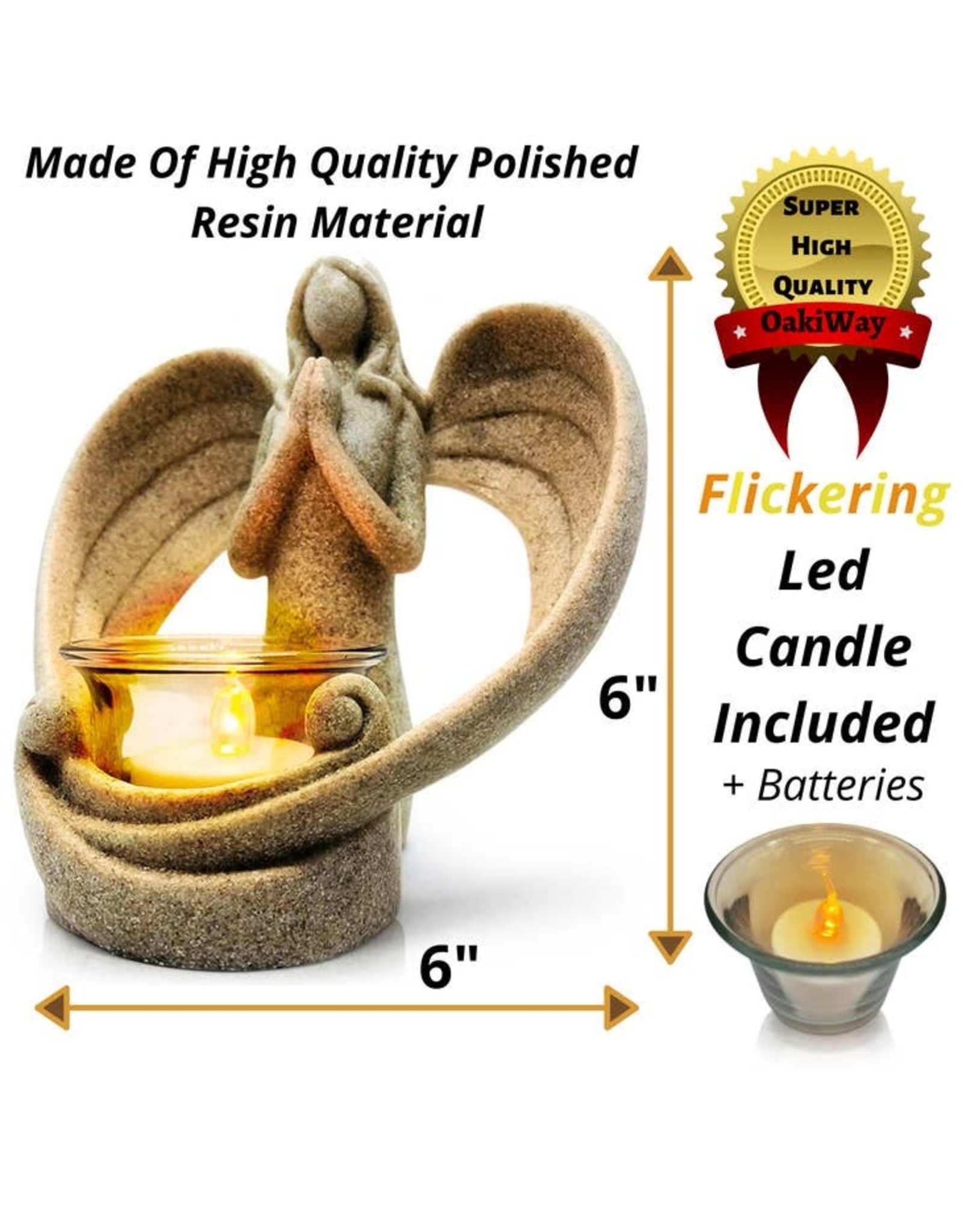 OakiWay Statue/LED Tealight Candle Holder - Angel with Open Wings, In Memory of Loved Ones
