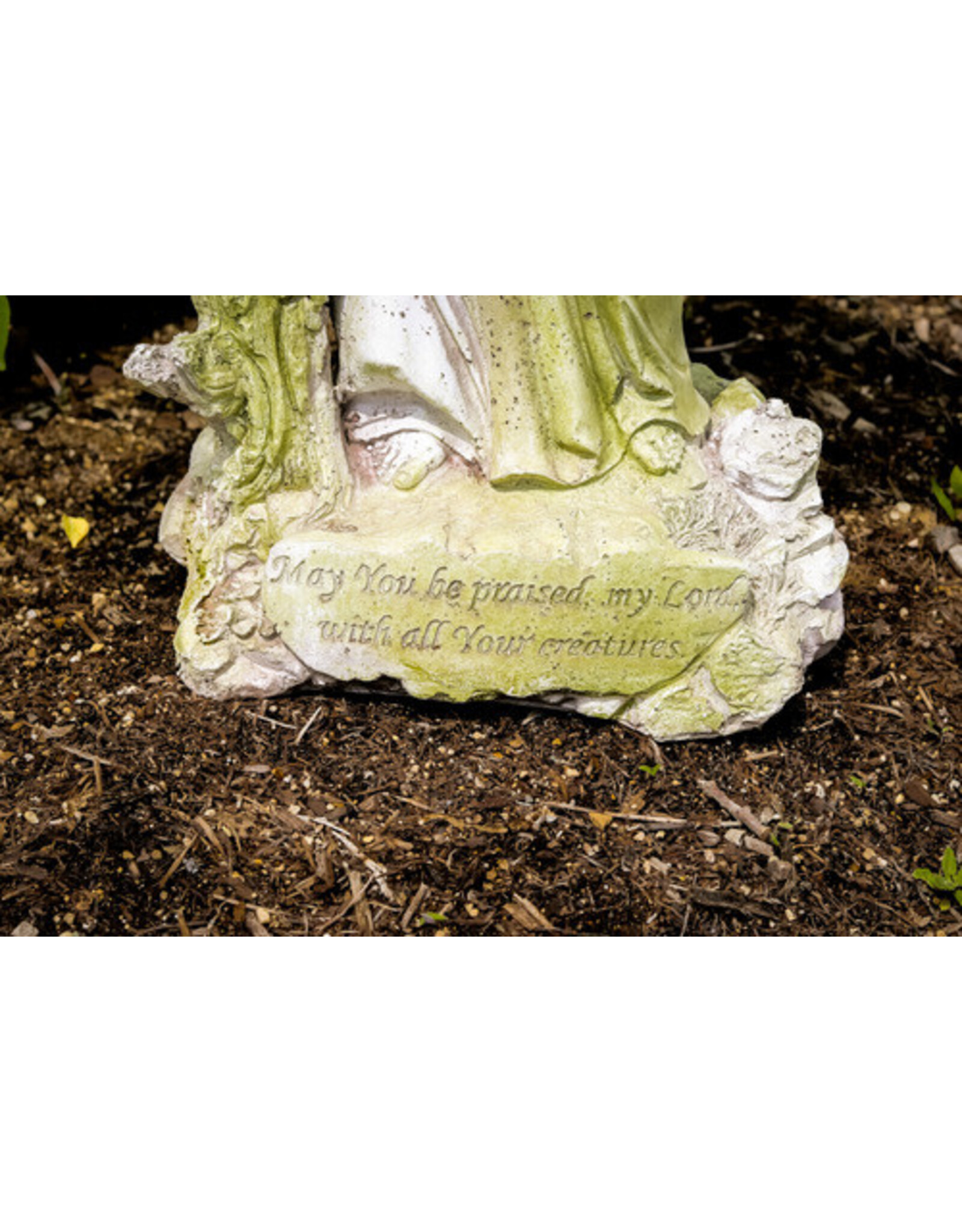 Orlandi St. Francis with Bowl Outdoor Statue - Fiber Stone, White Moss Finish (23")