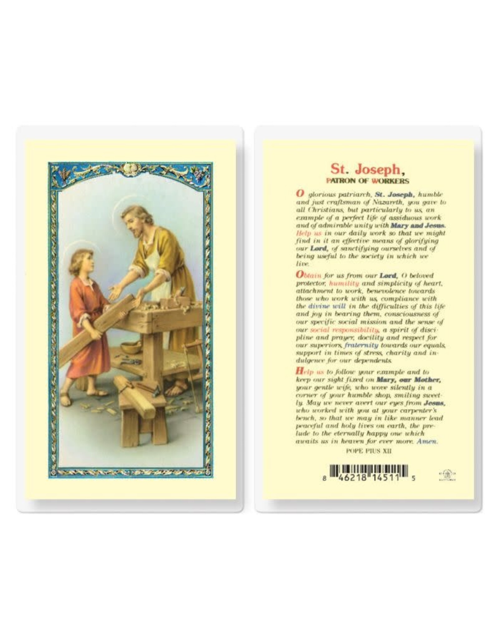 Hirten Holy Card, Laminated - St. Joseph Patron of Workers