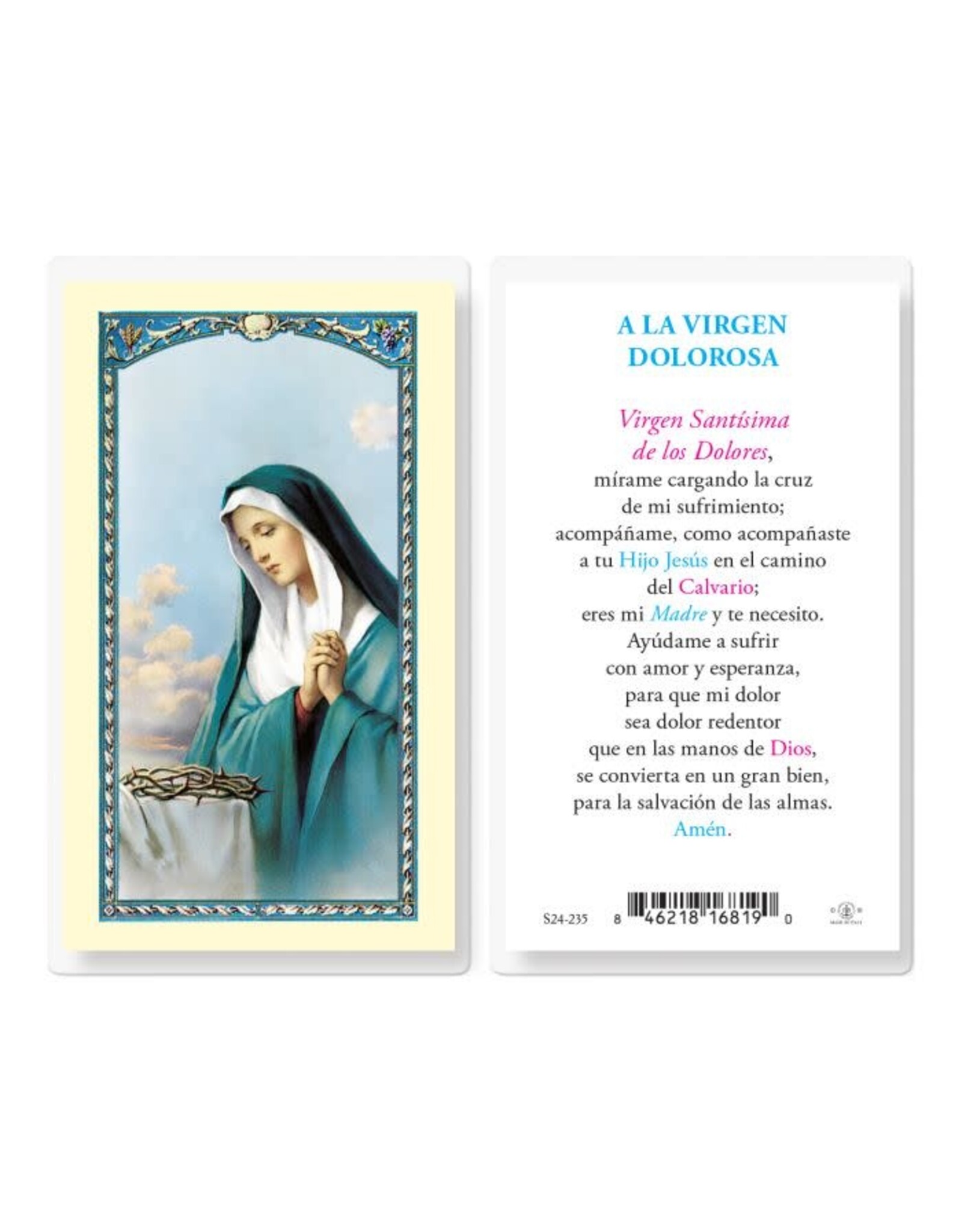 Hirten Holy Card, Laminated -A La Virgen Dolorosa