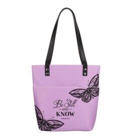 Christian Art Gifts Tote Bag Purse - Be Still and Know Purple Butterfly Fashion Felt