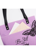 Christian Art Gifts Tote Bag Purse - Be Still and Know Purple Butterfly Fashion Felt