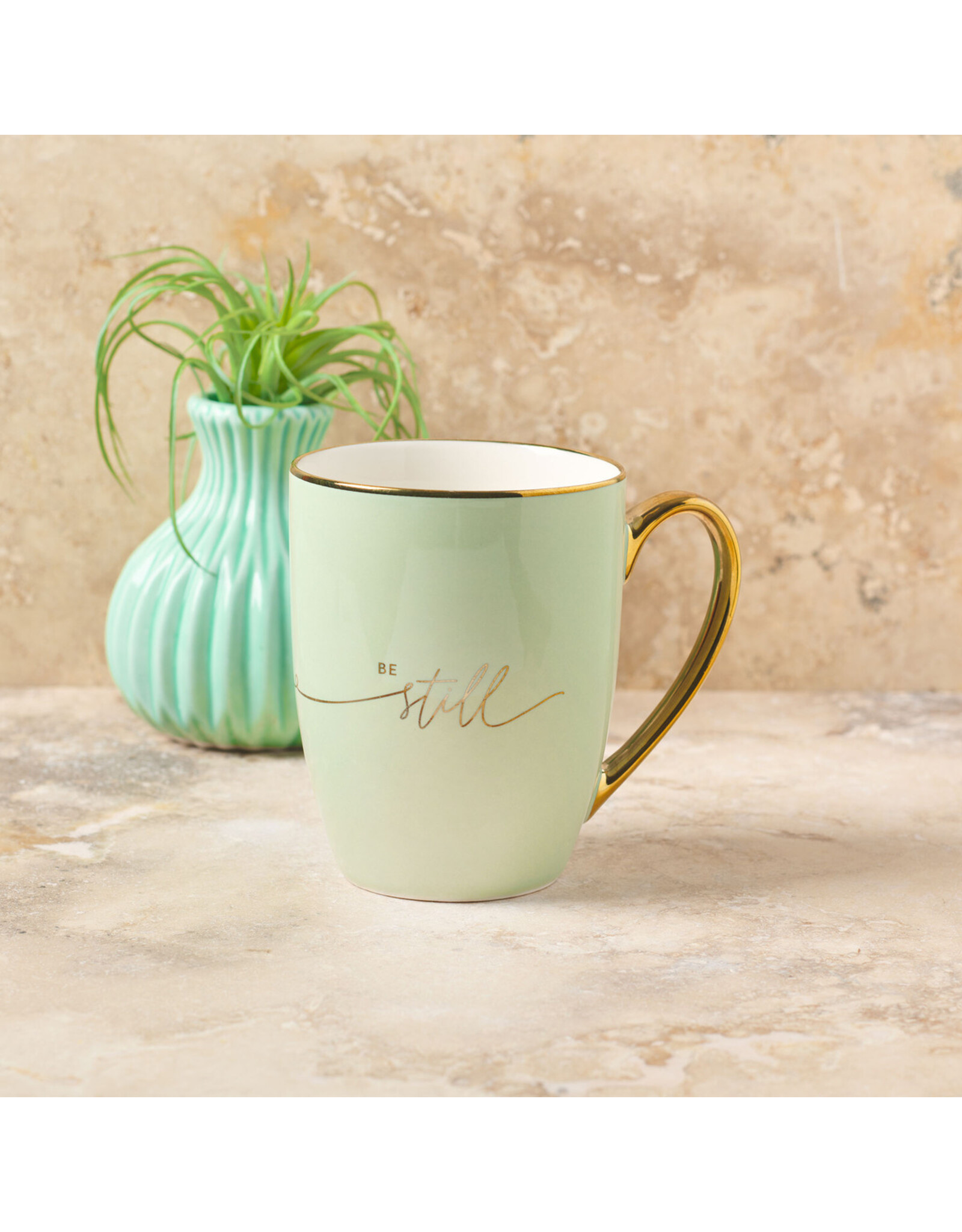 Christian Art Gifts Mug - Be Still, Soft Green & Gold Ceramic
