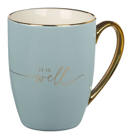 Christian Art Gifts Mug - It Is Well With My Soul, Soft Blue and Gold Ceramic