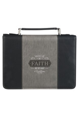 Christian Art Gifts Bible Cover - Walk by Faith, Black & Gray Faux Leather (2 Corinthians 5:7),