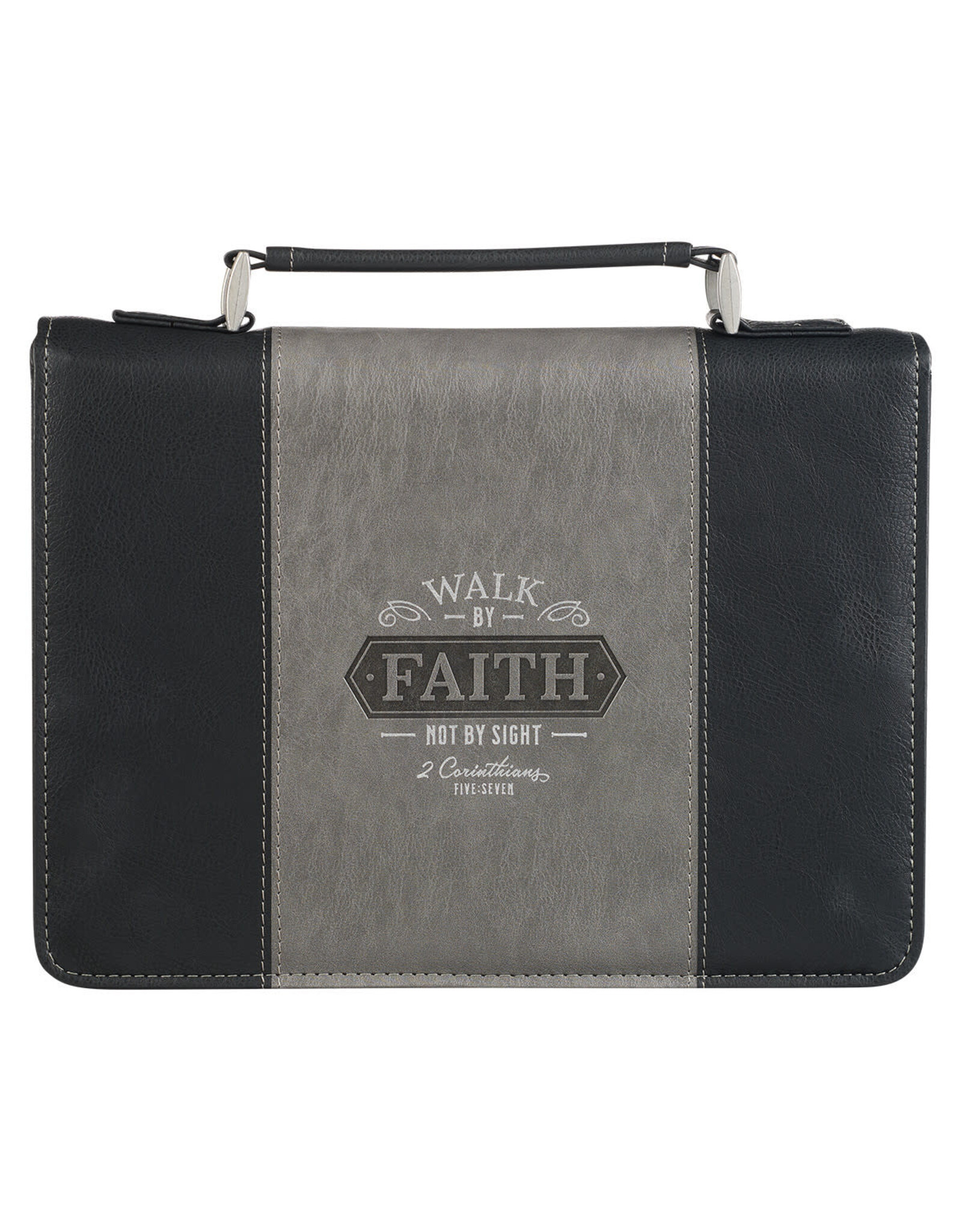 Christian Art Gifts Bible Cover - Walk by Faith, Black & Gray Faux Leather (2 Corinthians 5:7),