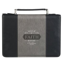 Christian Art Gifts Bible Cover - Walk by Faith, Black & Gray Faux Leather (2 Corinthians 5:7),